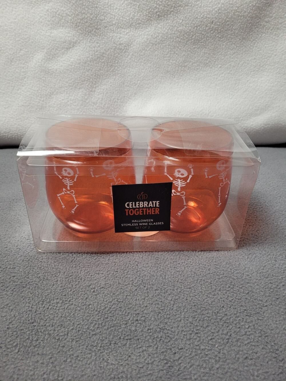 Set Of 2 Celebrate Together Halloween Stemless Wine Glasses Dancing Skeletons